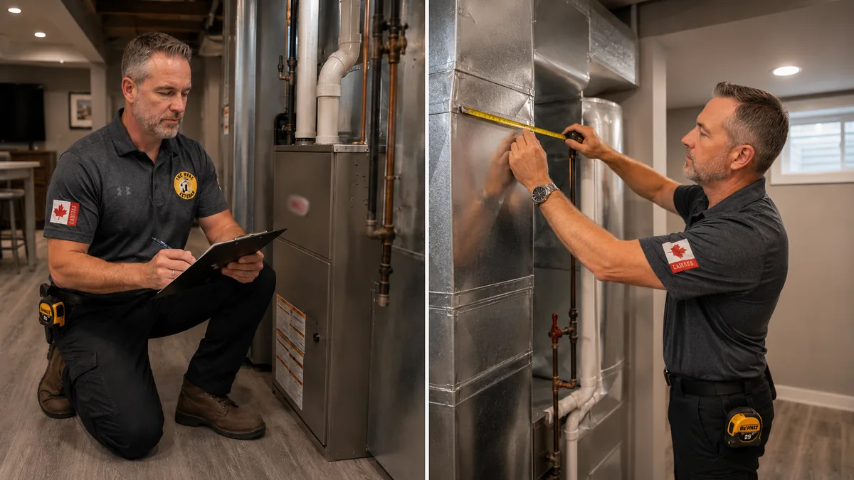 JC the HVAC Veteran taking measurements of a furnace with a clipboard during a home consultation